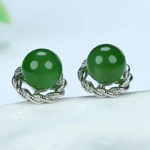 Stud Küpe 925 Sterling Gümüş Yeşil Yeşim Yuvarlak Boncuklar Kadın İnce Takılar Gerçek Çin Hetian Jades Nephrite Ball Kulak Saplamaları