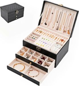 Kadınlar için büyük mücevher kutusu 3 katmanlı deri takı organizatör kutusu Kilit takı tutucu organizatör küpeler için çok yer
