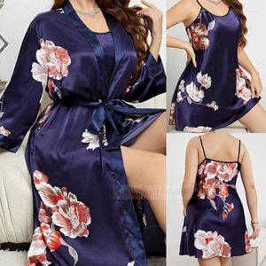 Kadın pijama büyük boy 5xl kadın uzun bornoz set baskı çiçek Kimono Batrobe elbisesi bahar yaz saten geceleme gevşek ev aşınma
