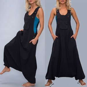 Kadın Tulumları Yükselen Kadınlar İnce Tulumlar Artı Boyutlu Kolsuz Sırtsız Yan Cepler Bolca Uzun Tulumlar Bayanlar Gevşek Romper Harem Pants S-5XL 230422