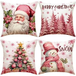 Cushion/Decorative Pillow Pink Elk Christmas Throw Pillow Cover Set of 4 Linen Letter Printing Holiday Decoration for Living Room Sofa Cushion Cover 231122