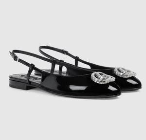 Lüks kristal set çift-g sandaletler ayakkabı kadın patent deri slingback balerin daireleri parti düğün ayakkabı yürüyüş eu35-42 kutu ile yürüyüş