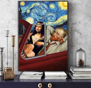 Забавные художественные постеры на холсте с Ван Гогом и Мона Лизой вождения, абстрактные картины маслом для курения на холсте, настенные панно, домашний декор8816526