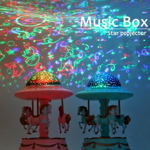 Led Rave Toy Baby Luminous Toys Yıldızlı Işık Gece Karousel Müzik Kutusu Oyuncu Projektör Lambası Çocuklar Led Uyku Tazminat Işıkları Hediyeleri 231123