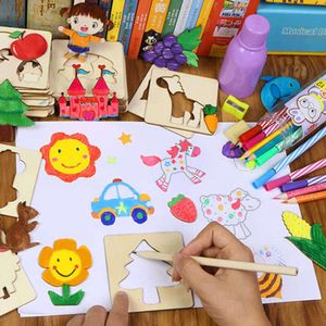 New Newest Montessori Kids Drawing Toys Wooden DIY Painting Template Stencils Learning Educational Toys for Children Christmas Gifts