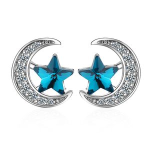 Stud Küpe 925 Silver Zircon Stud Cüping Kadınlar Köpüklü Mavi Yıldız ve Ay Kristal Stud Lüks Düğün Partisi Takı