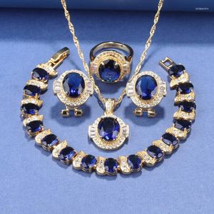 Halskette Ohrringe Set Gelbgold Farbe African Royalblue Zirkon Clip und Brautkostüm Armband Ring für Frauen Geschenk