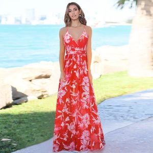 Весеннее лето Женщины платья камуфляж красный цветочный принцип для печати спагетти платье модные мини -элегантные элегантные платья подружки невесты.