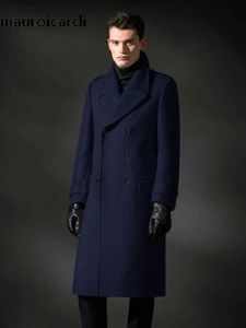 Мужское полушерстяное пальто Mauroicardi, осенне-зимнее длинное теплое элегантное повседневное темно-синее черное шерстяное пальто, мужское двубортное роскошное шерстяное пальто 231123