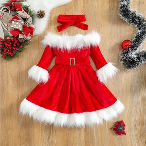 Girls Dresses Childrens girls Christmas clothing set faux fur patch long sleeves ALine dress on shoulder beltbow headband 231122