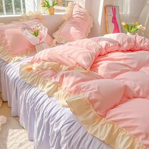 Yatak Seti Prenses Kore tarzı set estetik kraliçe tam kral düz renkli çift yatak yatak örtüsü fırfırlı yorgan kapağı 231122