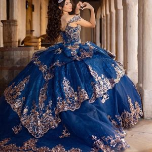 2024 prenses lacivert kapalı omuz quinceanera elbiseler aplikler dantel boncuklar parti tatlı 16 balya elbisesi vestidos de 15 anos
