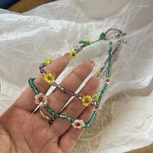 Choker Boho Korea schöne handgefertigte Gänseblümchen-Blumen-bunte Kristallglas-Perlen-Anhänger-Aussage-kurze Halsketten-Frauen-Schmucksache-Geschenk