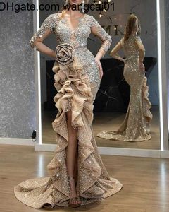 Wangcai01runway платья плюс размеры золотые блестки русалка выпускная платья Egant Long Seeves Вечерние платья с плеч Женщины Дешевое расщепление формальное платье 2023