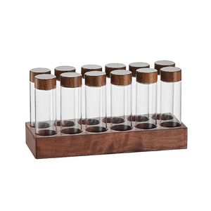 Walnut Wood Coffee Bean Storage Rack with Glass Tubes - Espresso Accessories Display for Coffee and Tea