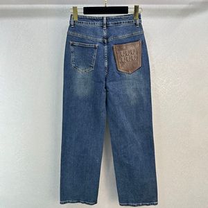 Синие женские джинсовые брюки сзади, кожаные лоскутные прямые леггинсы, джинсы, повседневные повседневные джинсовые брюки с высокой талией