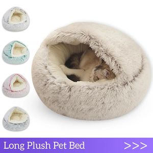 kennels pens Winter Long Plush Pet Cat Bed Round Cushion House 2 In 1 Warm Basket Sleep Bag Nest Kennel For Small Dog 231122