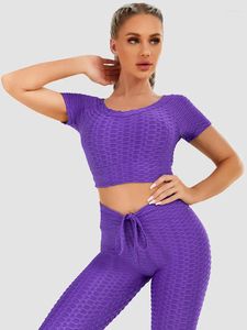 Women's Two Piece Pants CHRLEISURE Set Woman 2 Pcs Sportswear Suit Short Sleeve Top Purple Comfortable Breathable High Waist Bubble BuFolds