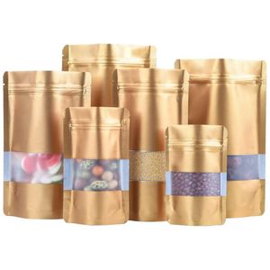 Depolama torbaları 9 Boyut Altın Ayakla Alüminyum Folyo Çanta Açık Pencereli Plastik Tepe Zipper Yeniden Sürülebilir Gıda Ambalajı LX2687 DROP DHHVR