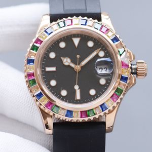 Lüks Erkek İzle Buzlu Out Bling Diamonds Otomatik Safir Gözlük 40mm parlak kadran Paslanmaz Çelik Kasa Kauçuk kayış Relojes para hombres-Rose gold