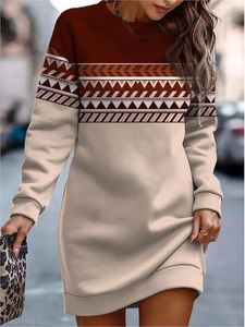 Sıradan Elbiseler Sonbahar Kış Moda Baskı Sweatshirt Elbise Kadınlar için o Boyun Uzun Kollu Büyük Boy Gevşek Ofis Bayanlar