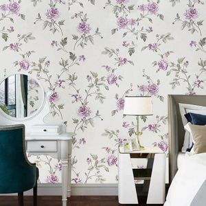 Duvar Kağıtları Avrupa kırsal çiçek duvar kağıdı oturma odası yatak odası arka plan mor çiçek yeşil yaprak mobilya yenileme
