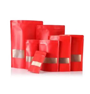 Atacado grosso vermelho papel kraft levante-se sacos de auto selo com janela calor selável doces café lanches artesanato pacote de papel malotes