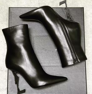 Lüks kış markası opyum ayak bileği botları kadın metal stiletto topuk siyah beyaz buzağı deri bot partisi düğün bayan patik eu35-43 kutu