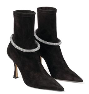 Kadınlar kış örgü yumuşak ayak bileği botları latte streç bağlı kumaş çorap botları kristal bilezik leroy orta topuk lüks tasarımcı ganimet 35-43