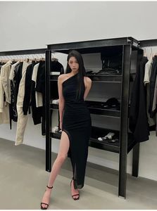 Orijinal seksi elbise siyah çift katmanlı örgü ince fit çanta kalçaları tek omuzlu uzun etek
