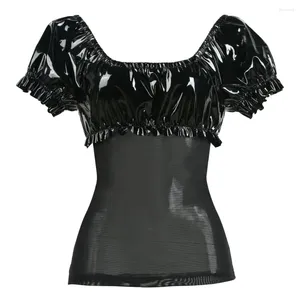 Damen T-Shirts S-XXL Schwarz PVC Latex Sexy Gothic Punk Exotisch Kunstleder Mesh Patchwork Kurze Ärmel Top Club Party Kostüm