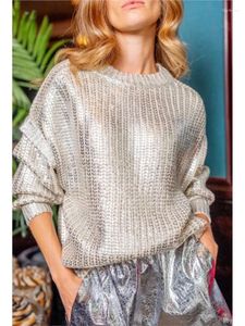 Blusas femininas moda chique tira de metal tecido camisola de malha manga longa o pescoço solto jumpers 2023 outono inverno feminino outwear