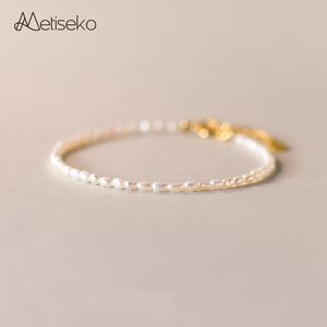 Beaded Metiseko Mini Natural Pearl Armband 925 Sterling Silver Chain Tiny Freshwater Pearl Bracelet Sweet Elegant for Girls and Women 230425