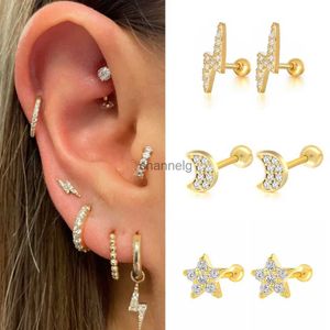 Stud Tragus Lobe Piercing Stud Earrings For Women Stainless Steel Zircon Flat Helix Cartilage Ear Piercing Star Moon Body Jewelry YQ231125