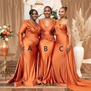 African Plus Size Burnt Orange Mermaid Abiti da damigella d'onore Nigeria Girls Summer Wedding Guest Dress Sexy scollo a V Abiti da damigella d'onore lunghi Puls Size