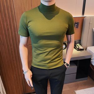 Suéter de malha verde de gola verde e negra Camisetas elásticas de manga curta Slim Fit Fit