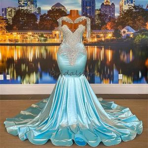 Luxury Sky Blue Prom Dress With Crystal Tassel Mermaid Black Girls Formal Party Gowns 2023 Open Back Pageant Ceremony Evening Dresses vestidos de fiesta Gala Women