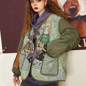 Kadın Trençkotları Ordu Yeşil Vintage Karikatür V Neck Parkas Ceket Harajuku Kawaii Anime Y2K Bumber Ceketler Kalın Pamuk Kış Gevşek