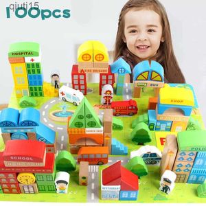100 шт. Детские игрушки Городские дорожные сцены Геометрическая форма Строительные блоки Ранние развивающие деревянные игрушки для детей Подарок на день рождения T230425