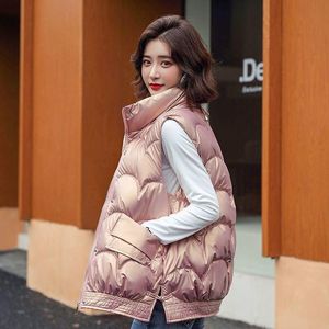 Deri moda kadın yelek kolsuz ceket sonbahar kış yastıklı ceket yeleği hardigan sıcaklık parlak üst ucuz toptan Kore