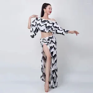 Sahne Giyim Göbek Dans Seti Kadınlar Profesyonel Yarım Kollu Top Split Uzun Etek 2 PCS ORIENTAL EĞİTİM GRUP GİYİ