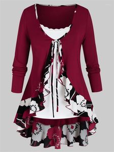 Женские футболки T 2023 Винтажные цветочные блузки и стройные женщины -камизолы с двумя частями набор Y2K Осень Женская Женская Пять