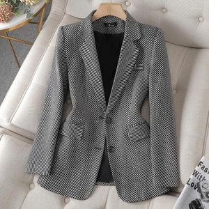 Kadın Suitler Kadın Kahve Gri Çizgili Formal Blazer Uzun Kollu Tek Göğüslü İş Ceketi Ceket Bayanlar Ofis Blazers Dış Giyim 4xl