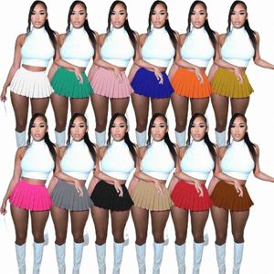 Tasarımcı Kadınlar 2023 Yaz Moda Düz Renkli Tişört Seksi Mini Çok Renkli Pileli Etek İki Parça Set U7DU#