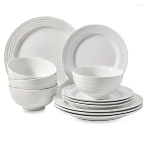 Миски Белые круглые керамические набор посуды из 12 предметов Посудомоечная машина Безопасная микроволновая печь
