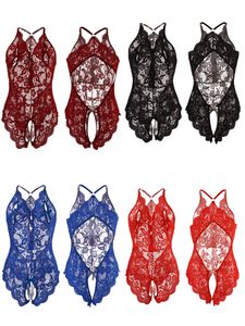 Sexy Set Sexy Open Crotch Blue Lingerie Women Lace Teddy Bodysuit Plus Size Erotic Babydoll Dress Deep V Bra Underwear Set 230426