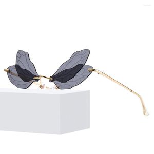 Güneş Gözlüğü Dragonfly Moda Trendi Erkek ve Kadın Metal Çerçevesiz Gözlük Avrupa Amerika Retro Komik Gözlükleri