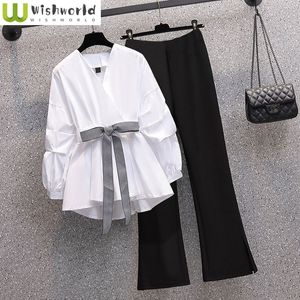 Kadınlar İki Parçalı Pantolon Büyük Giyim İlkbahar ve Yaz İnce Yüksek Duygusal Moda Gömlek Twopiece Zarif Set 230426