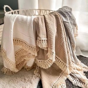Blankets Swaddling born Baby Tassel Receiving Muslin Cotton Infant Fringe Swaddle Babies Sleeping Quilt Bed Cover 230426