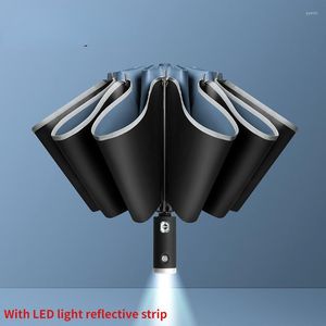 LED Auto Open Close Reverse Umbrella with Reflective Strip for Rainy & Sunny Days